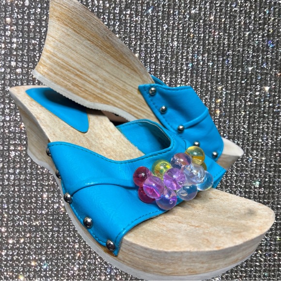 Bubblegum sandals vintage 80s 90s blue studded wedge heeled slides blue y2k - Picture 4 of 10